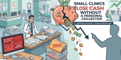 Illustration showing small clinics losing cash due to unpaid bills and lack of personal collectors.