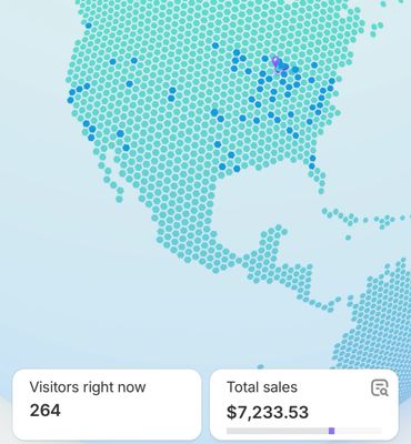 Map showing 264 visitors and $7,233.53 in total sales across North America.