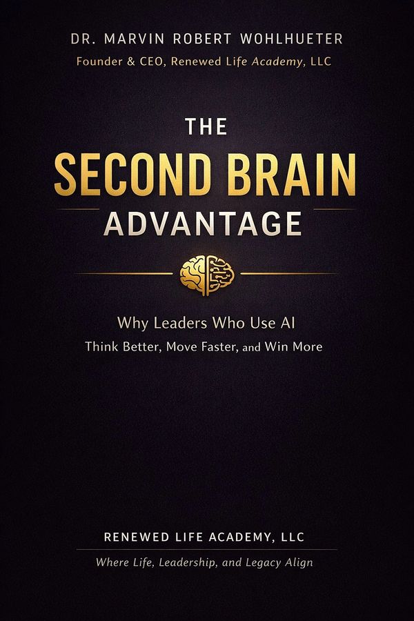 Book cover for 'The Second Brain Advantage' by Dr. Marvin Robert Wohlhueter on AI leadership.