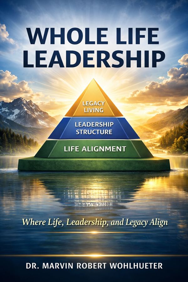Book cover of "Whole Life Leadership" by Dr. Marvin Robert Wohlhueter with a leadership pyramid illustration.