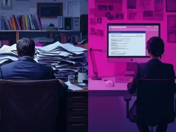 Two people working in contrasting office environments, one cluttered with papers, the other modern and digital.