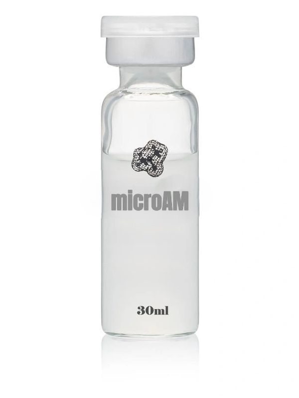 Clear vial labeled microAM with 30ml liquid.