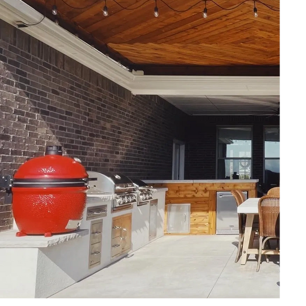 Custom Cedar Pergola, Metal Roof, Outdoor Kitchen, Stone Countertops, Kamado Joe, Bull Appliances