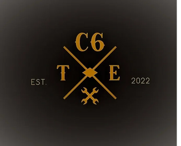 C6 TE logo with crossed lines, wrenches, and "Est. 2022" in gold on black.
