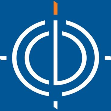 Abstract blue and white logo with orange detail.