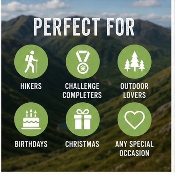 Icons show perfect occasions for hikers, challenge completers, outdoor lovers, birthdays, Christmas, and special occasions.