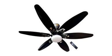Modern black ceiling fan with five blades and a central light fixture.