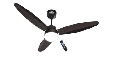 Modern black ceiling fan with three blades and a remote control.