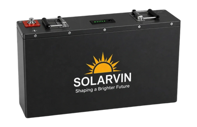 A black Solarvin battery with handles and indicator lights.