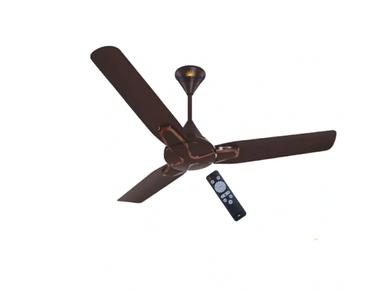 A dark brown ceiling fan with three blades and a remote control.