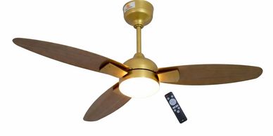 A modern ceiling fan with wooden blades and remote control.