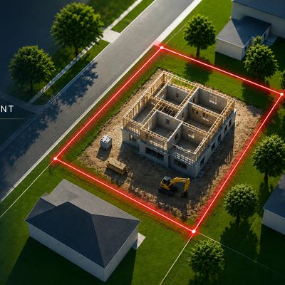 A house under construction marked by a red boundary.