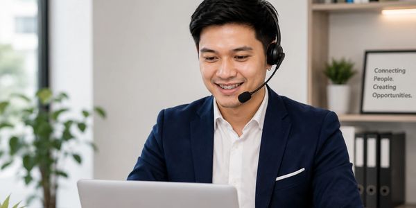 Smiling man in headset working on laptop in office.
