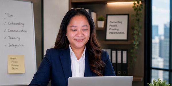 A woman working on a laptop in a modern office setting.