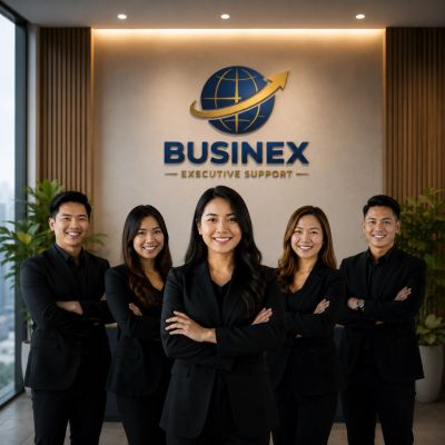 Confident business team posing in front of a corporate logo.