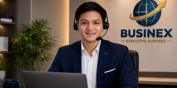 A professional man in a headset working on a laptop at a business office.