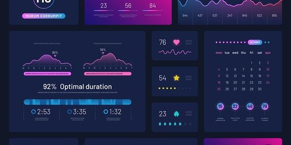 Dark-themed data dashboard with charts, graphs, and calendar in blue and pink hues.