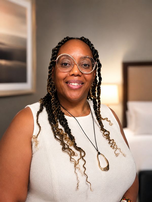 Smiling woman with braided hair and glasses in a cozy room.