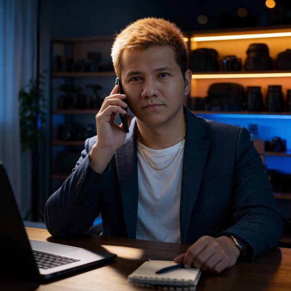 Man in a blazer talking on phone during nighttime work session.