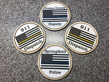 wood and acrylic coasters of US flag with blue or yellow stripe reading "springfield police" or "911