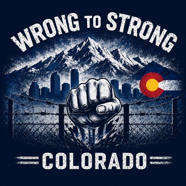 Fist breaking through barbed wire with Colorado skyline and mountains.