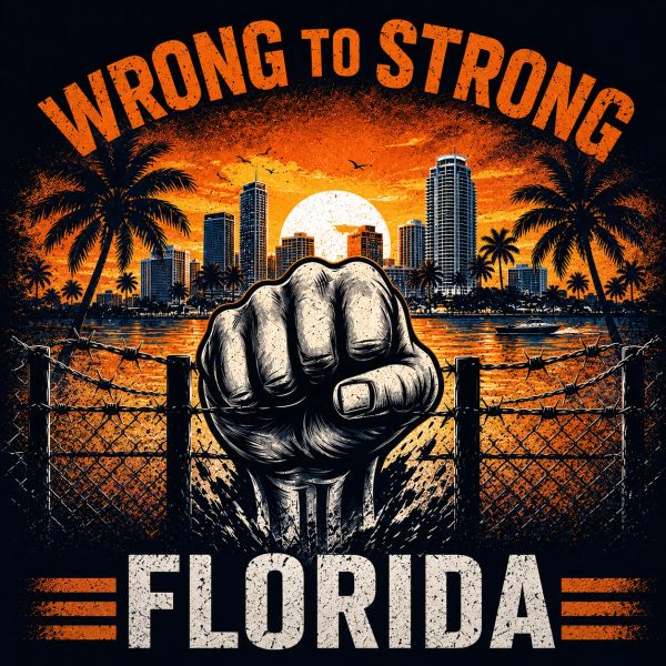 Powerful fist breaking through a fence with Florida skyline and sunset.