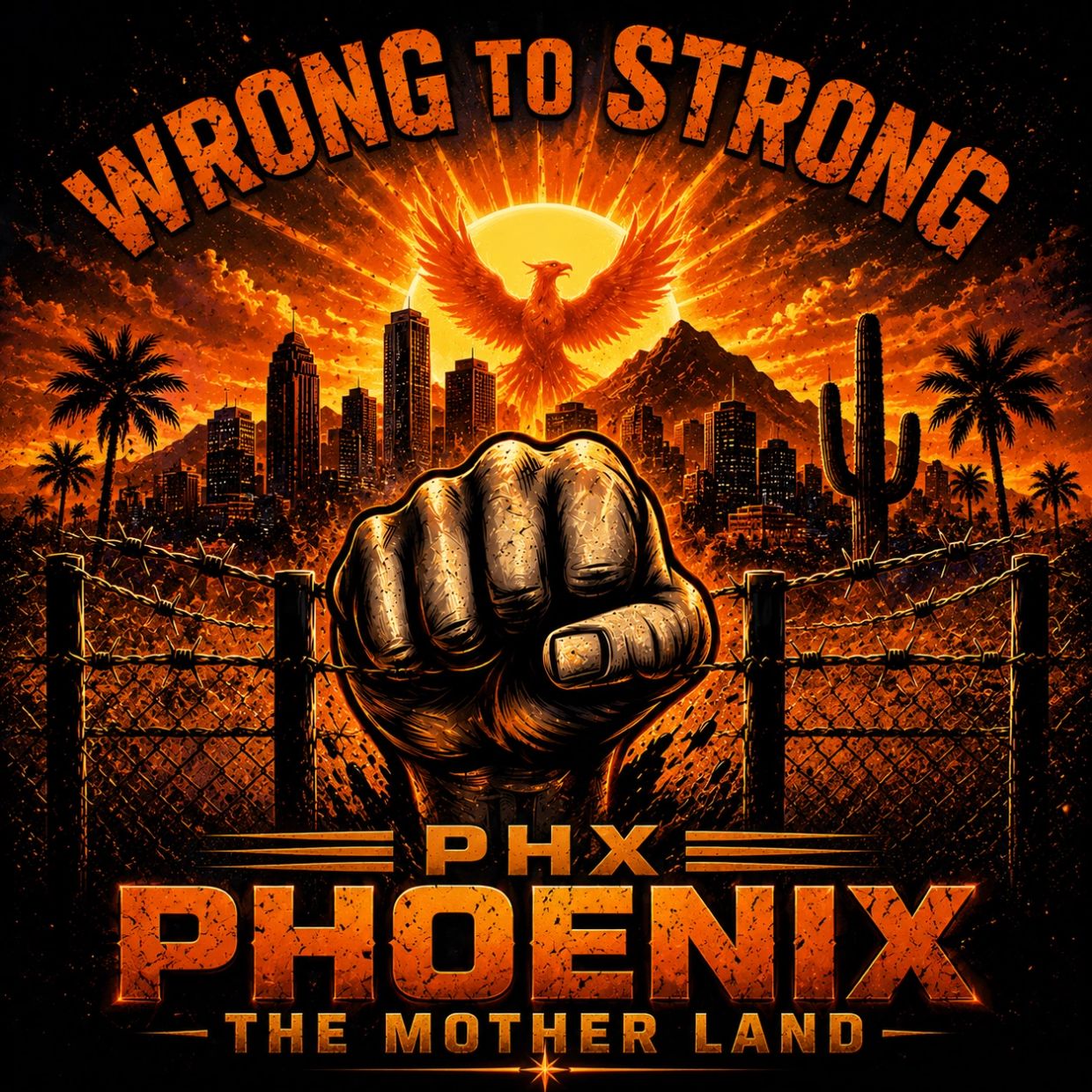 Powerful fist with Phoenix rising behind a cityscape.