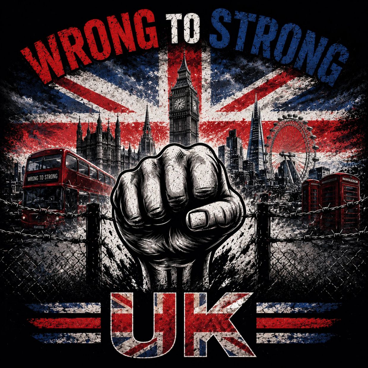 Fist with UK landmarks and 'Wrong to Strong' text.