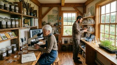 Two scientists working in a rustic agricultural lab with plants and soil samples.