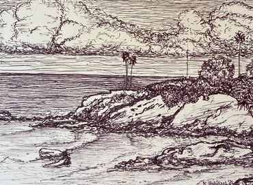 A favorite view of Monument Point in Heisler Park. 5"x7" pen and ink on paper.