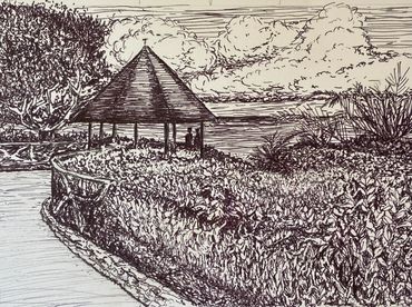 Cloudy day at the gazebo of Heisler Park in front of Las Brisas. 5x7" pen on paper.