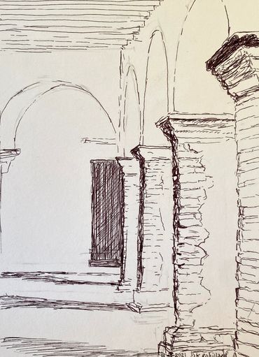 Arches of San Juan Capistrano Mission. 5"x7" Pen and Ink on paper.