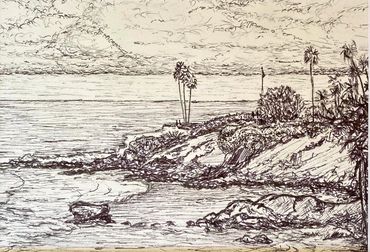 Monument Point view from my favorite Heisler Park Bench. 5"x7" pen on paper.