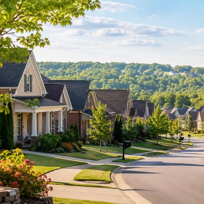 Quiet suburban street with charming houses and green lawns on a sunny day.