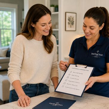 A customer with a SterlingClean representative reviewing a checklist for custom cleaning services.