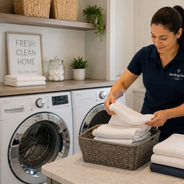 Woman folding clean towels in a laundry room with modern washer and dryer.