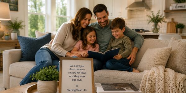 Family enjoying a book together on a cozy couch in a warmly lit living room.