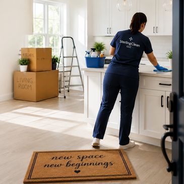 SterlingClean representative cleaning for move in services with boxes in
the background.