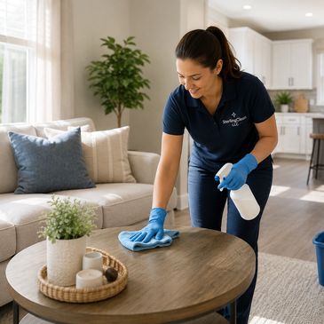 SterlingClean representative dusting a table with a couch in the background.
