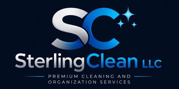 Logo of SterlingClean LLC with blue and silver tones and star sparkles.