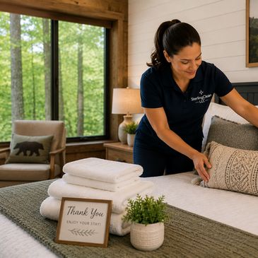 A woman arranges pillows on a neatly made bed in a cozy room.