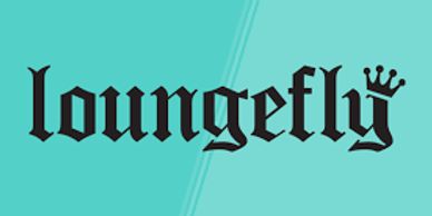 Loungefly logo in black on teal background.
