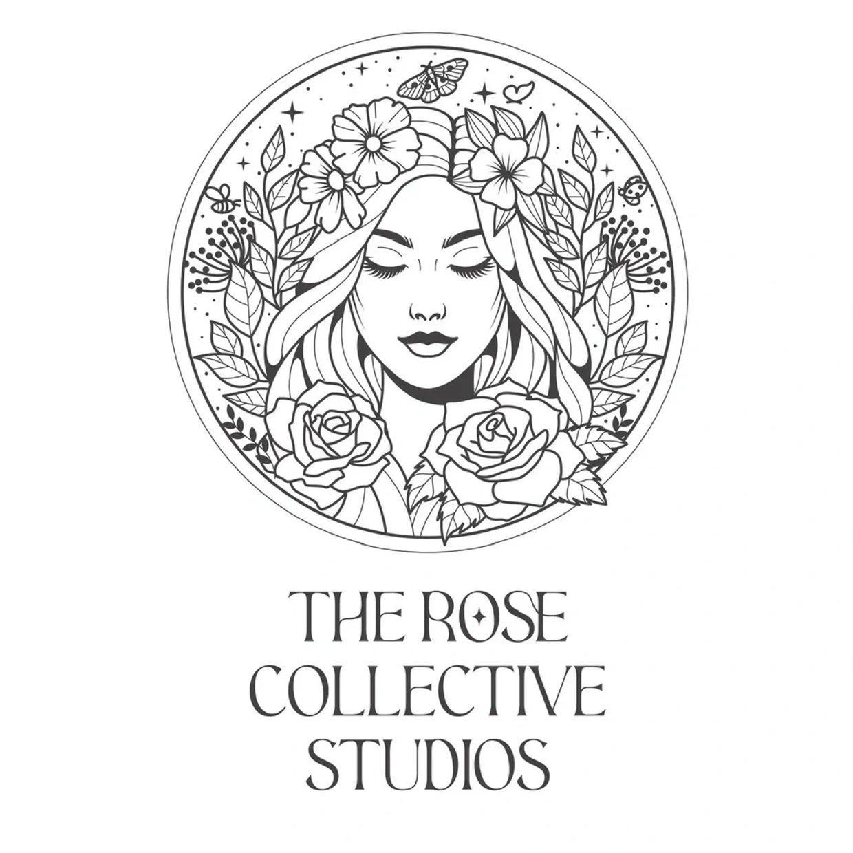 Black and white floral woman logo with text.