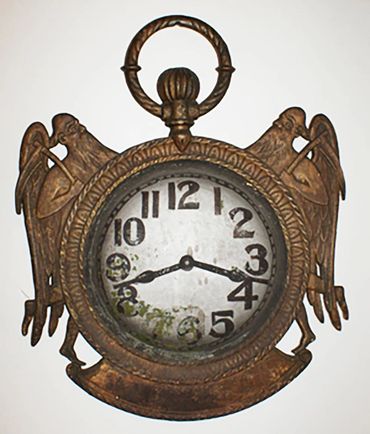 Antique watchmaker's clock trade sign. 
NYprops, rental, sales, set, design.