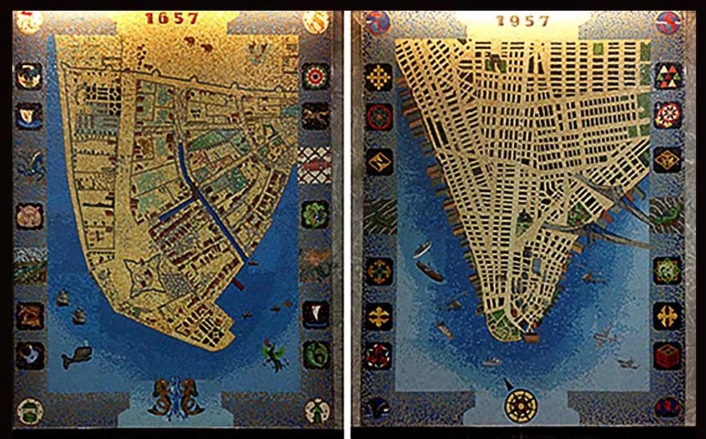 Pair of monumental mosaics of Lower Manhattan over 300 years. New York Props