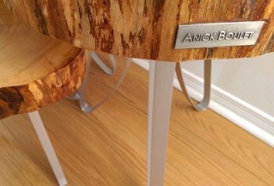 Table basse bois sculpté rondelle à vendre fabriqué québec boréal création unique artiste design