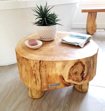 Table basse bois sculpté rondelle fabriqué québec boréal création unique design Rivesud Anick Boulet