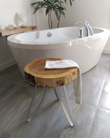 Table basse bois sculpté rondelle à vendre fabriqué québec boréal unique Anick Boulet Rive-sud