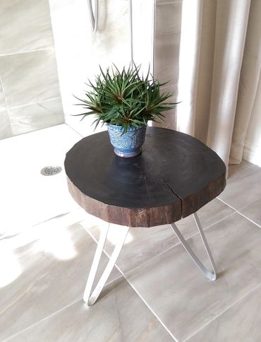 Table basse bois sculpté rondelle à vendre fabriqué québec boréal unique Anick Boulet Rive-sud