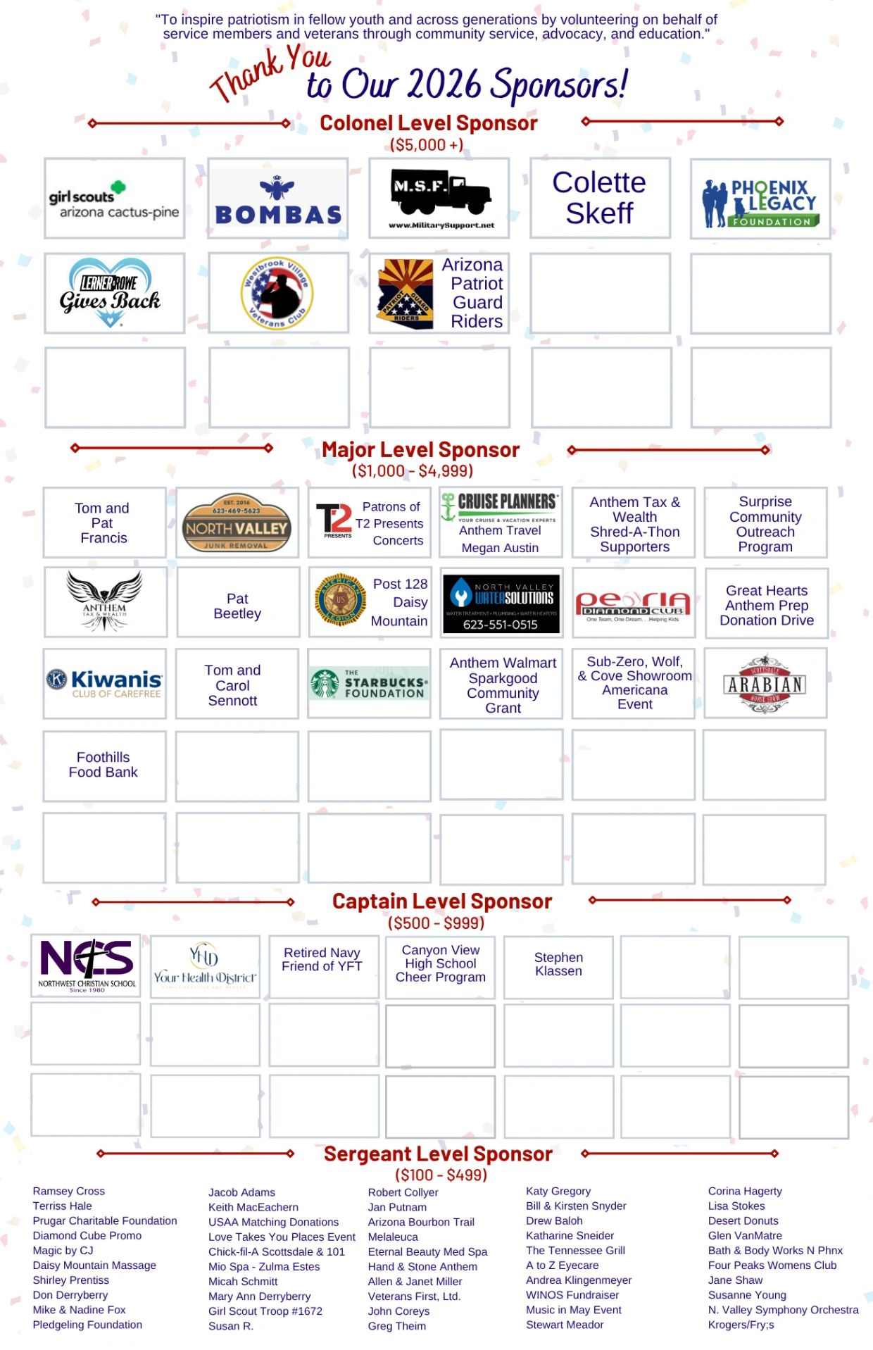 2026 sponsors categorized by support levels with logos and names.